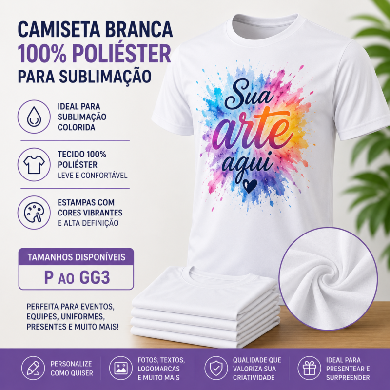 Camiseta Branca 100% Poliéster para Sublimação Colorida