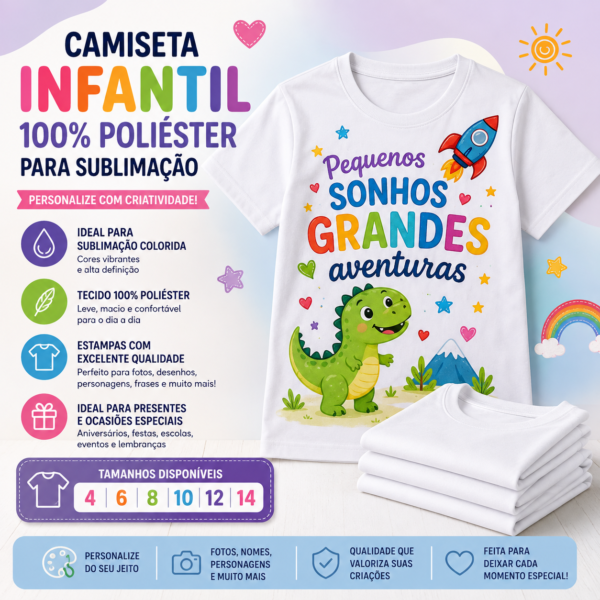 Camiseta Infantil Branca 100% Poliéster para Sublimação Colorida