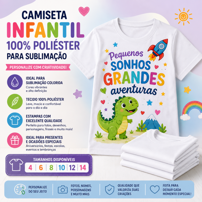 Camiseta Infantil Branca 100% Poliéster para Sublimação Colorida