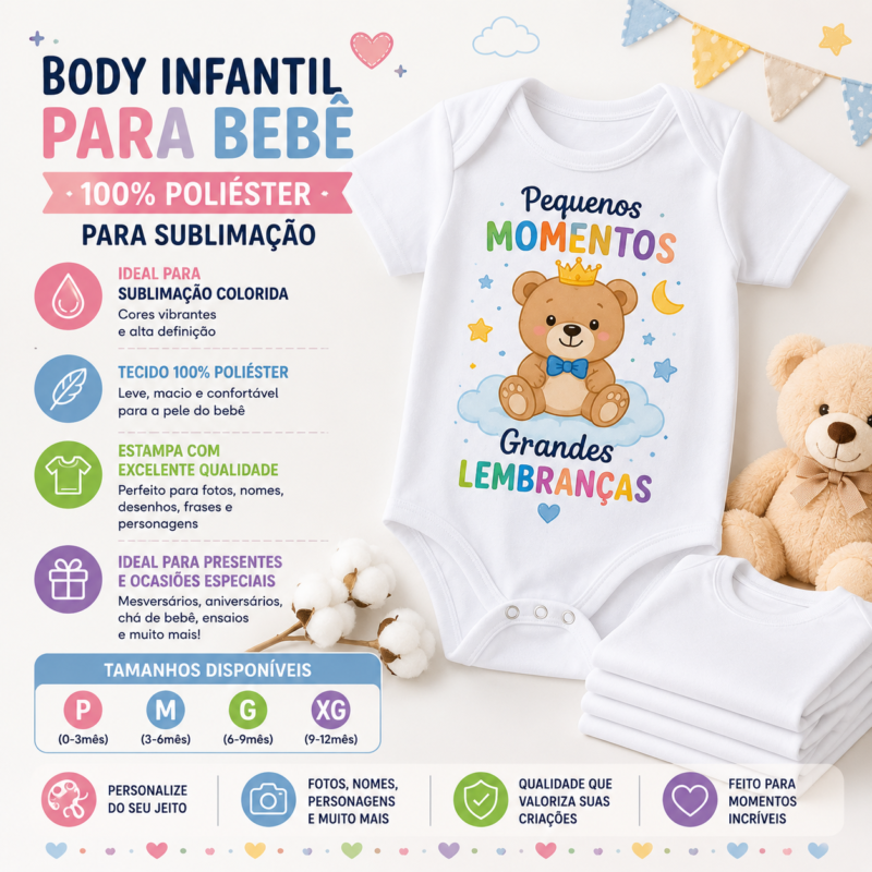 Body Infantil Branco 100% Poliéster para Sublimação Colorida