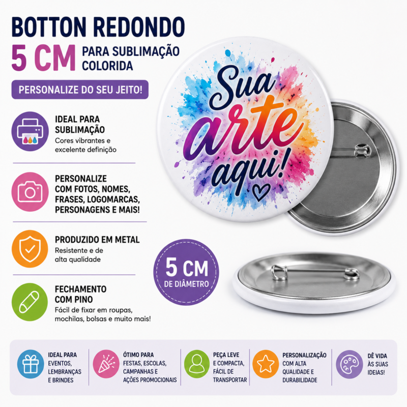 Botton Redondo 5 cm para Sublimação Colorida