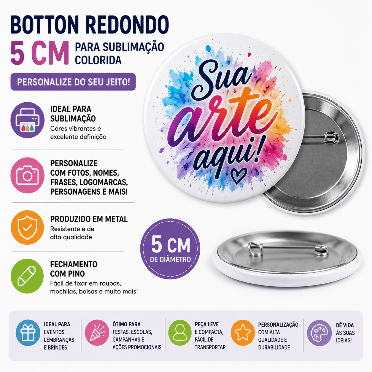 Botton Redondo 5 cm para Sublimação Colorida