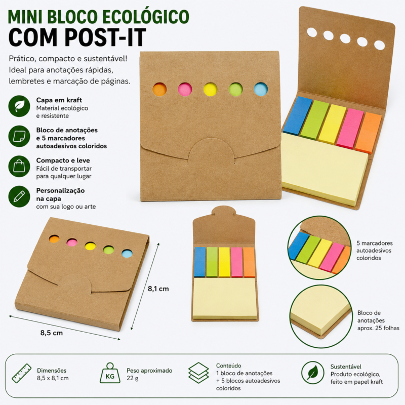 Mini Bloco Ecológico Kraft com Autoadesivos Coloridos