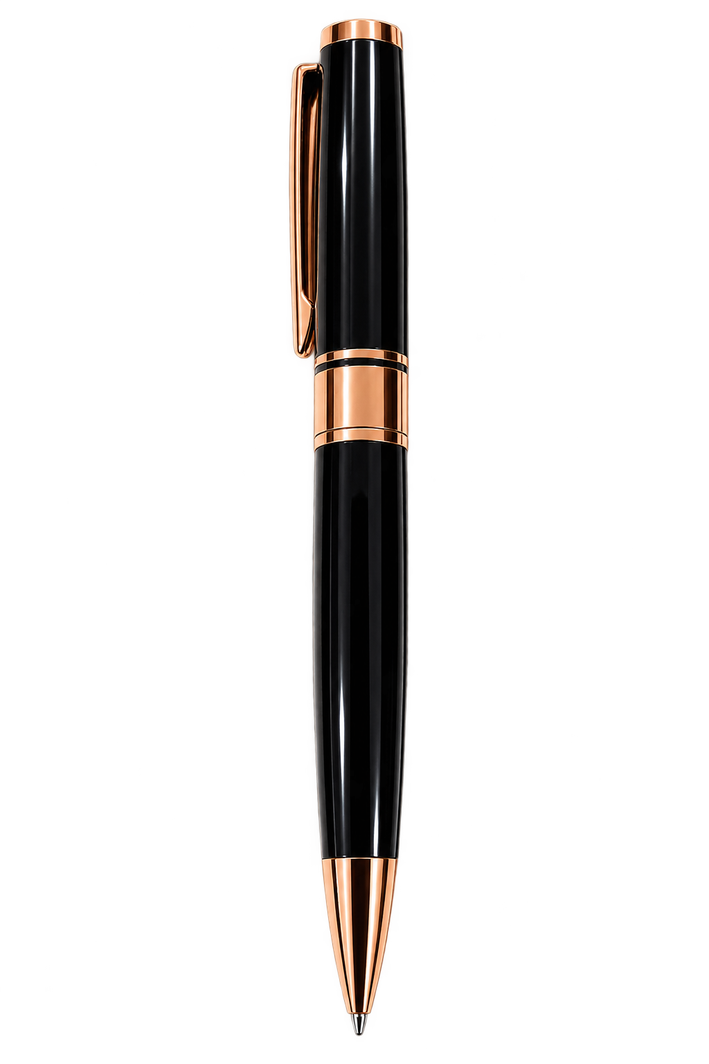 Caneta Metálica Preta com Detalhes Rose Gold e Corpo Slim