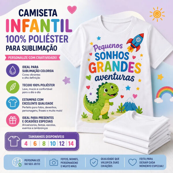 Camiseta Infantil Branca 100% Poliéster para Sublimação Colorida - Personalização já inclusa no preço