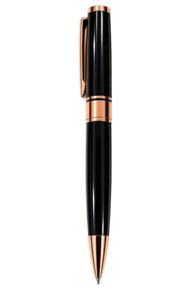 Caneta Metálica Preta com Detalhes Rose Gold e Corpo Slim - Personalização já inclusa no preço